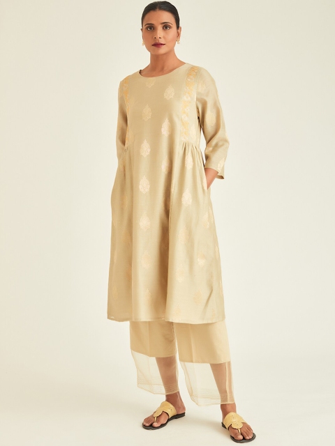 

Ancestry Women Golden Ethnic Motifs Jacquard Cotton Silk A-Line Kurta, Gold