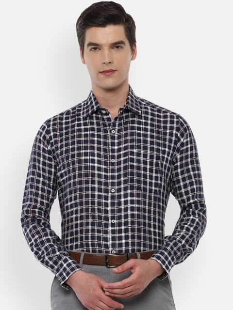 

Van Heusen Men Navy Blue & Off- White Checked Pure Linen Regular Fit Formal Shirt