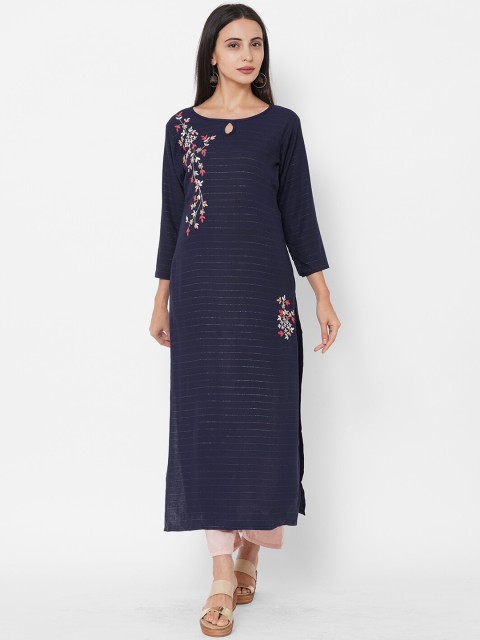 

FASHOR Women Navy Blue Floral Embroidered Keyhole Neck Straight Kurta