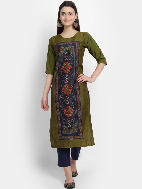 

Ethnic basket Women Green & Navy Blue Ethnic Motifs Printed Crepe Kurta