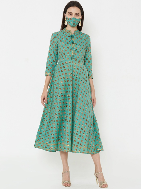 

FASHOR Sea Green Ethnic Motifs A-Line Maxi Dress & Mask