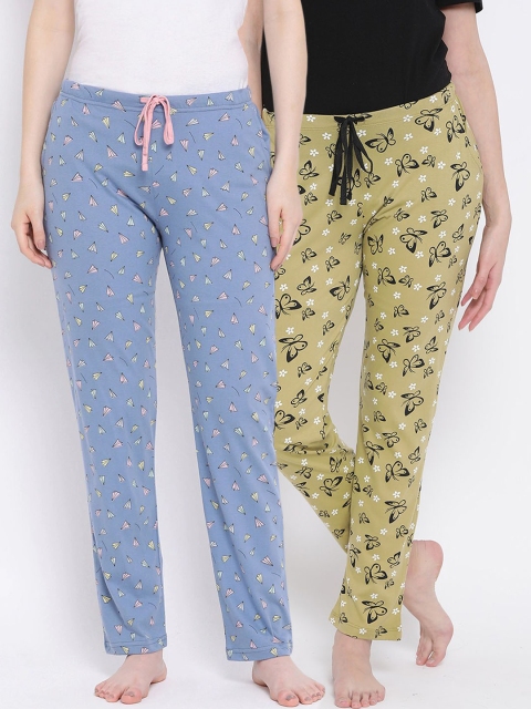 

Kanvin Women Pack of 2 Printed Pure Cotton Lounge Pants, Mustard