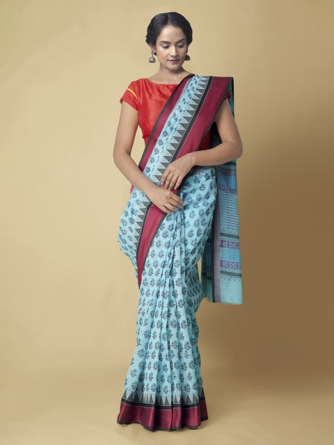 

Unnati Silks Blue Silk Cotton Printed Chanderi Saree