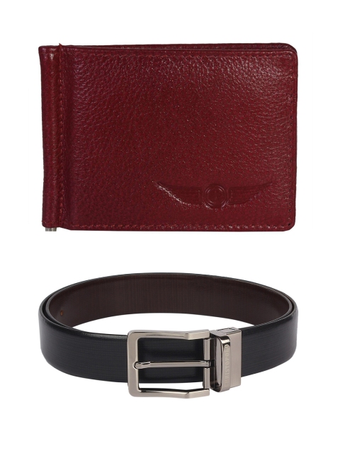 

CHRISTOPOLO Men Black & Brown Textured Reversible Leather Belt with Money Clip