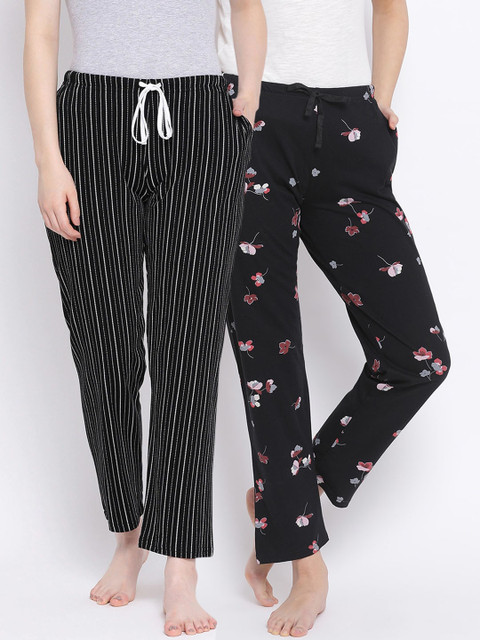 

Kanvin Women Pack of 2 Printed Cotton Lounge Pants, Black
