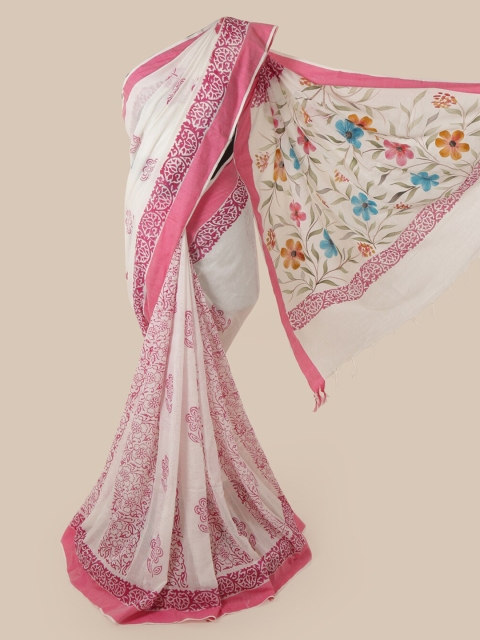 

Pothys White & Pink Linen Blend Printed Saree