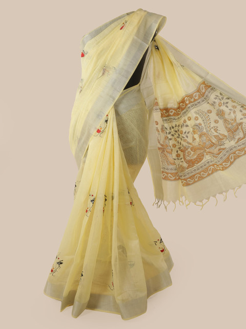 

Pothys Yellow Cotton Blend Embroidered Chanderi Saree