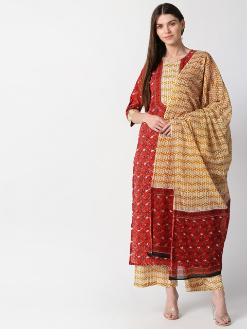 

mokshi Women Maroon & Off White Ethnic Motifs Printed Straight Pure Cotton Kurta Sets