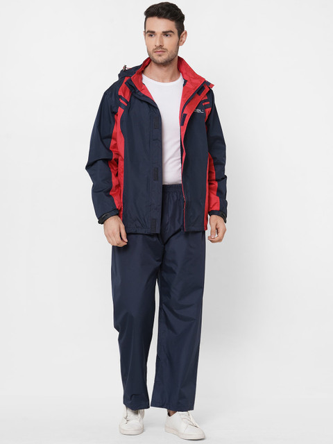 

Zeel Men Navy Blue & Red Colorblocked Waterproof Hooded Rain Suit