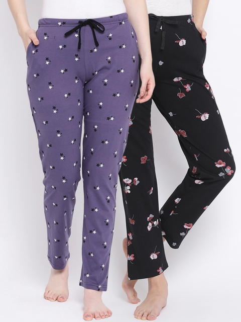 

Kanvin Women Pack of 2 Printed Pure Cotton Lounge Pants, Black
