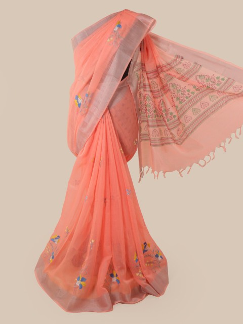 

Pothys Peach-Coloured Cotton Blend Embroidered Chanderi Saree