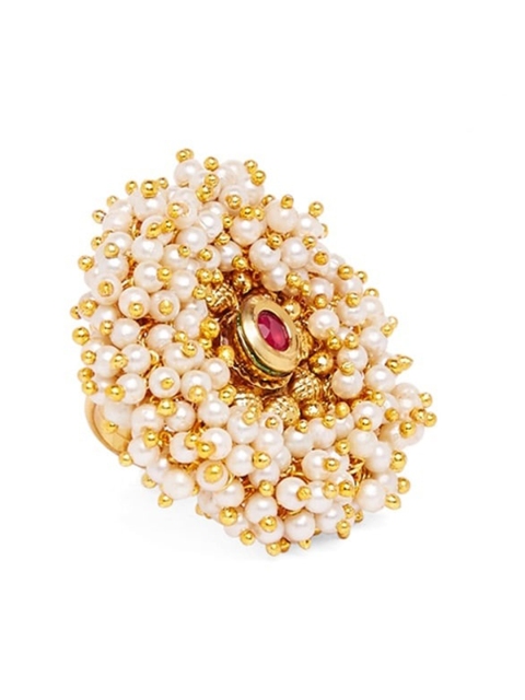

PANASH Gold-Plated White & Pink Stone-Studded Pearl Beaded Handcrafted Fingerring