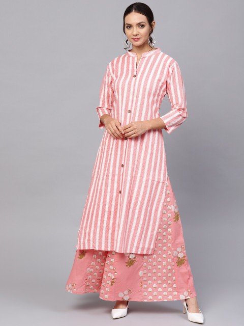 

Ishin DESIGNER STUDIO Women Pink Striped Regular A-Line Pure Cotton Kurta & Palazzos