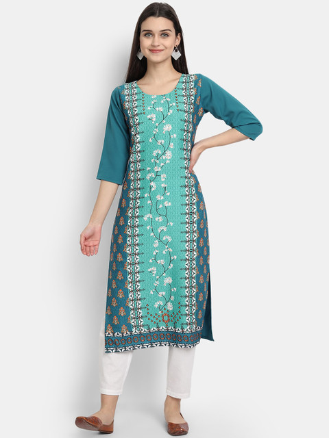 

Ethnic basket Women Turquoise Blue Floral Printed Crepe Kurta