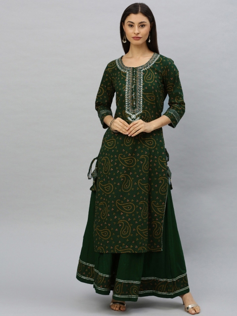 

Ishin DESIGNER STUDIO Women Green Printed Regular Straight Pure Cotton Kurta Set
