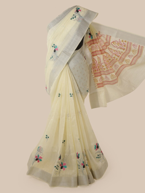 

Pothys Cream-Coloured & Grey Cotton Blend Woven Design Chanderi Saree