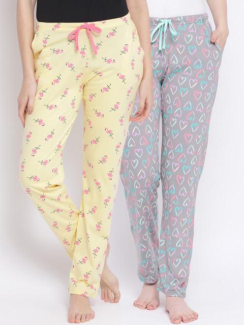 

Kanvin Women Pack Of 2 Printed Cotton Lounge Pants, Yellow