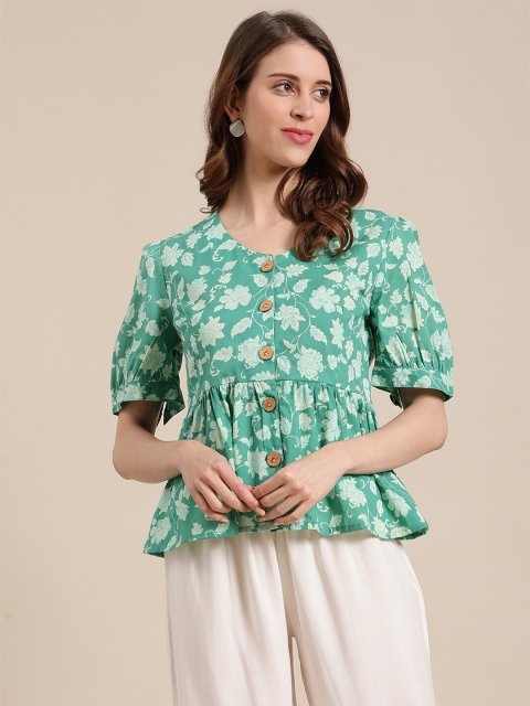

Varanga Green Floral Cotton Peplum Top