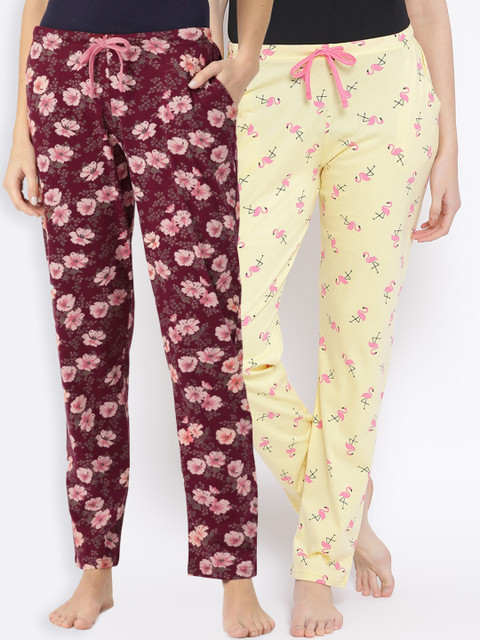 

Kanvin Women Pack of 2 Printed Pure Cotton Lounge Pants, Yellow