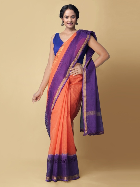 

Unnati Silks Orange & Violet Pure Cotton Checked Kota Saree