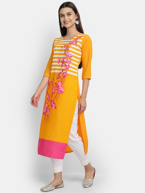 

Ethnic basket Women Yellow & White Floral Printed Crepe Kurta