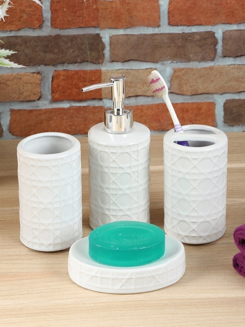 

House Of Accessories Set of 4 White Geometric Textured Bathroom Accessories Set