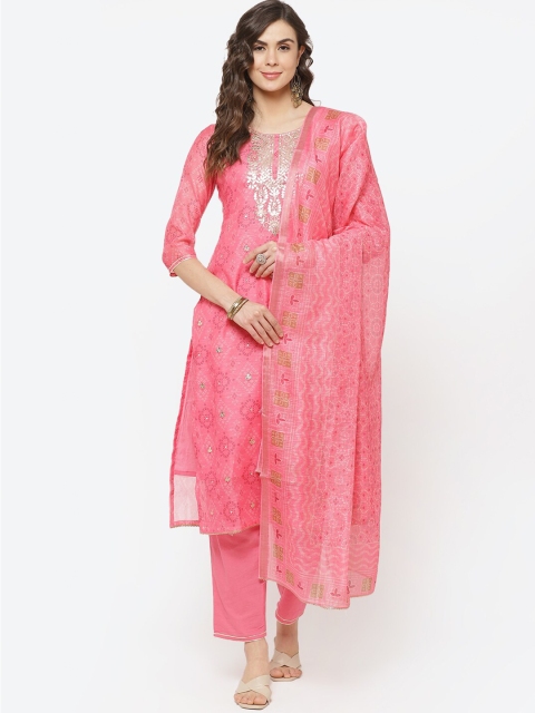 Biba Pink & Gold-Toned Cotton Blend Unstitched Dress Material