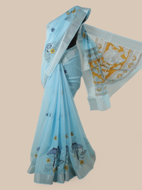 

Pothys Blue Cotton Blend Embroidered Chanderi Saree