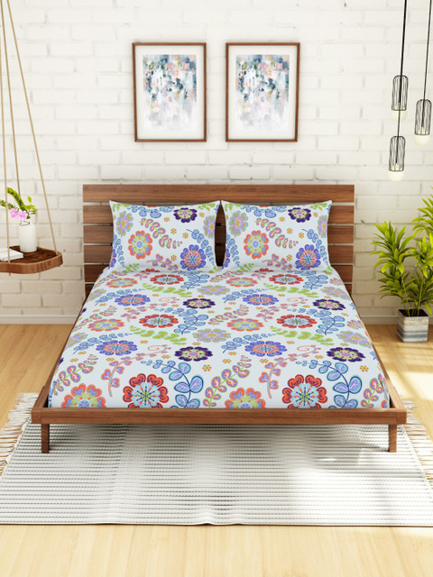 

CORE Designed by SPACES Blue & Violet Floral 104 TC Cotton 1 Queen Bedsheet with 2 Pillow Covers