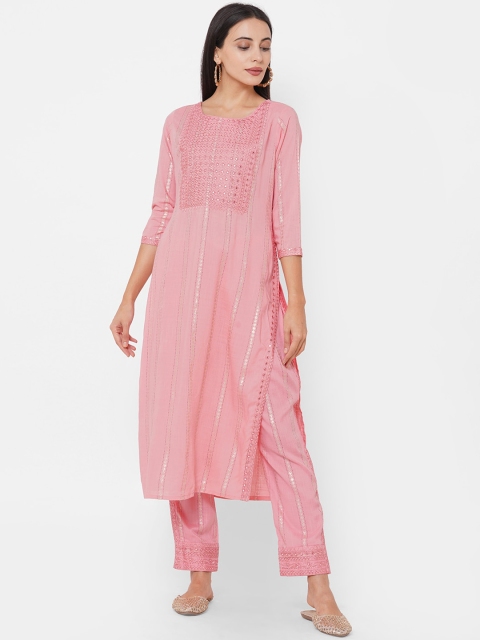 

FASHOR Women Pink Printed & Embroidered Kurta with Pant & Floral Printed Dupatta