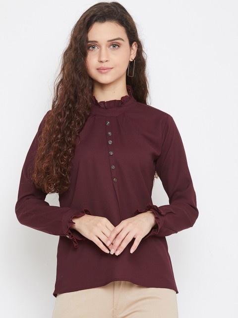 

Purple Feather Burgundy Crepe Shirt Style Top