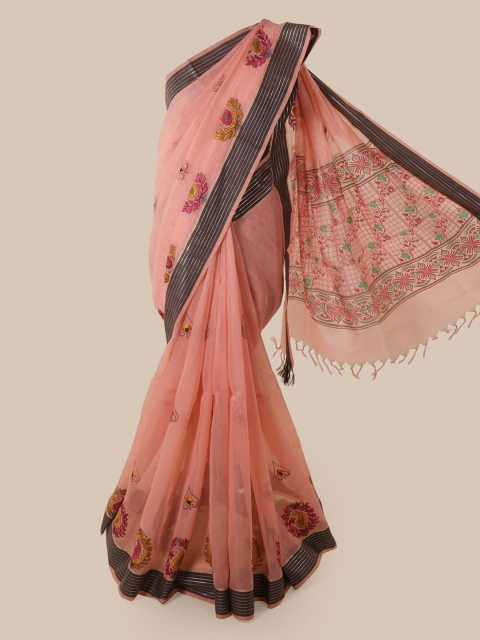 

Pothys Peach-Coloured Cotton Blend Embroidered Chanderi Saree