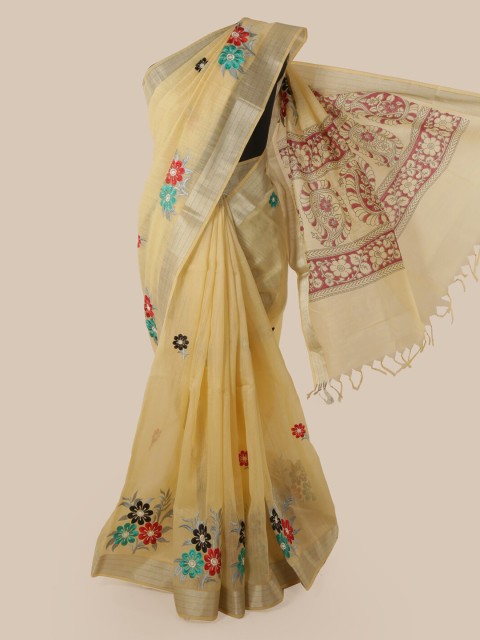 

Pothys Cream-Coloured Cotton Blend Embroidered Chanderi Saree