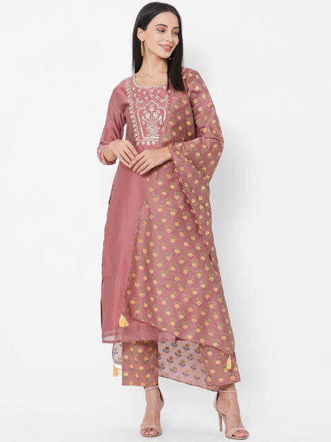 

FASHOR Women Pink Yoke Design Regular Straight Chanderi Silk Kurta & Palazzos