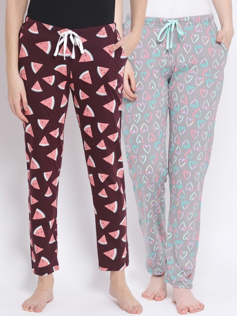 

Kanvin Women Pack of 2 Printed Pure Cotton Lounge Pants, Burgundy