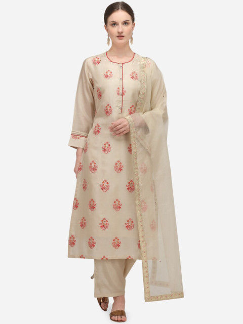

Seerat Women Cream-Coloured Regular Straight Pure Silk Jacquard Kurta & Palazzos With