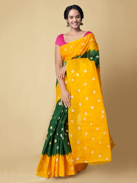 

Unnati Silks Green & Orange Pure Cotton Printed Bandhani Saree