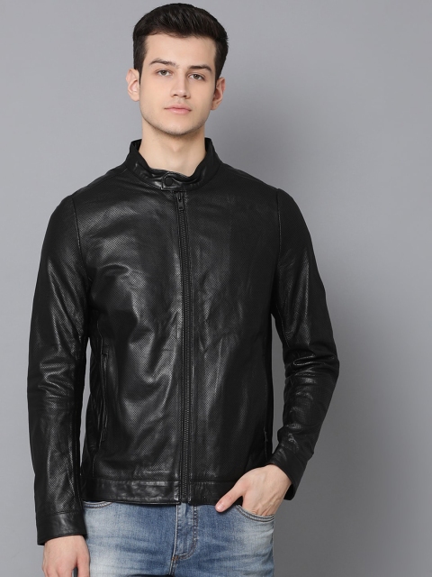 

LINDBERGH Men Black Leather Lightweight Biker Jacket