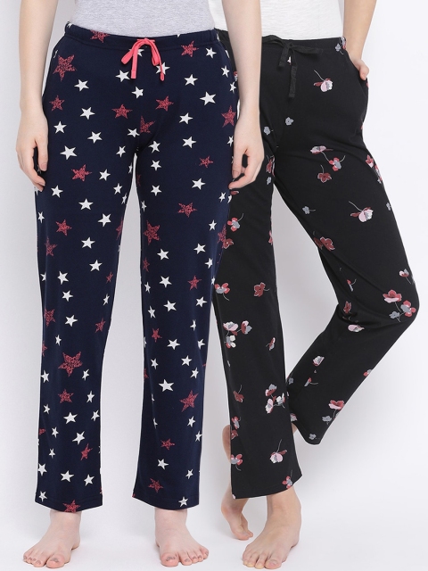 

Kanvin Women Pack of 2 Printed Pure Cotton Lounge Pants, Navy blue