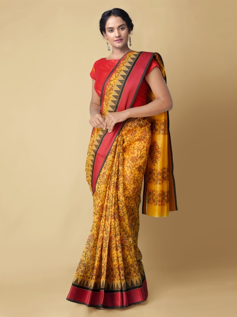 

Unnati Silks Orange & Yellow Silk Cotton Printed Chanderi Saree