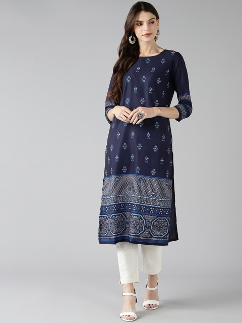 

AHIKA Women Navy Blue Ethnic Motifs Printed Flared Sleeves Kurta