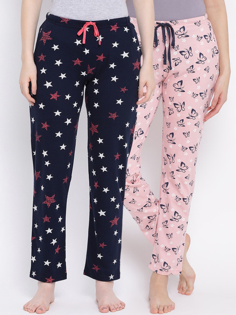 

Kanvin Women Pack of 2 Printed Pure Cotton Lounge Pants, Pink