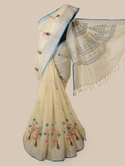 

Pothys Cream-Coloured Cotton Blend Embroidered Chanderi Saree