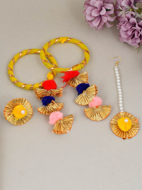 

Silvermerc Designs Rhodium-Plated Yellow & Gold-Toned Gota Patti Tasselled Jewellery Set