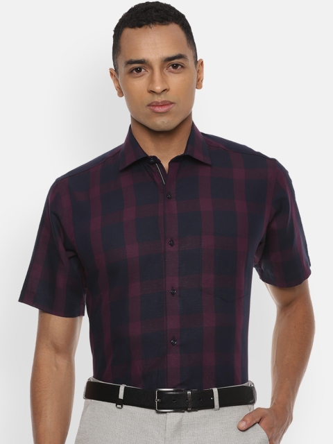 

Van Heusen Men Navy Blue & Burgundy Checked Cotton Linen Regular Fit Formal Shirt