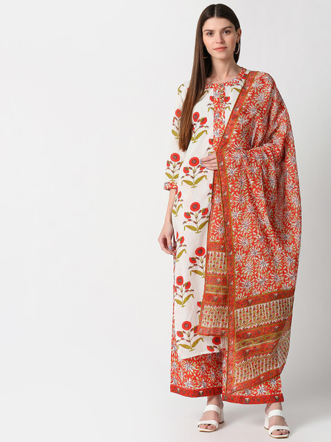 

mokshi Women White & Orange Ethnic Motifs Printed Straight Pure Cotton Kurta Sets