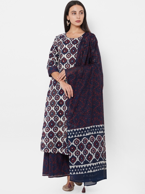 

FASHOR Women White Floral Printed Empire Pure Cotton Kurta with Pyjamas & With Dupatta