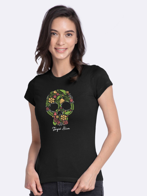 

Bewakoof Women Black Printed Round Neck T-shirt