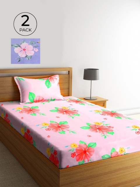 

KLOTTHE Pink & Purple Floral 210 TC Polycotton 2 Single Bedsheet with 2 Pillow Covers