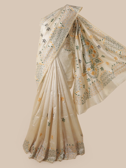 

Pothys Cream-Coloured & Green Art Silk Embroidered Tussar Saree